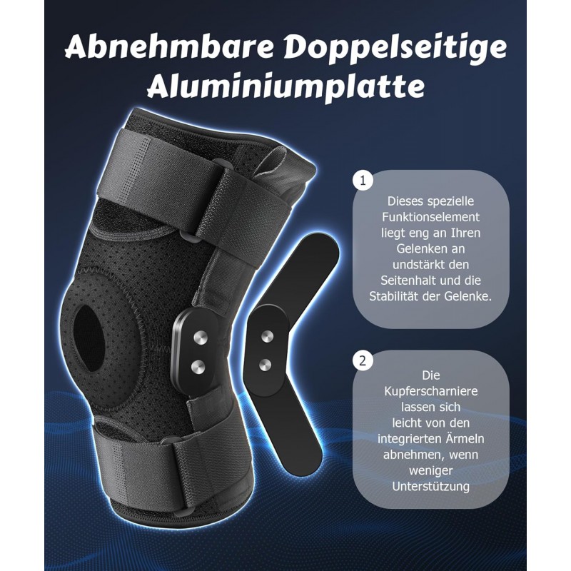 ZEAMO Genouillère avec charnières amovibles en aluminium pour femme et homme, genouillère ouverte avec anneau en silicone 3D