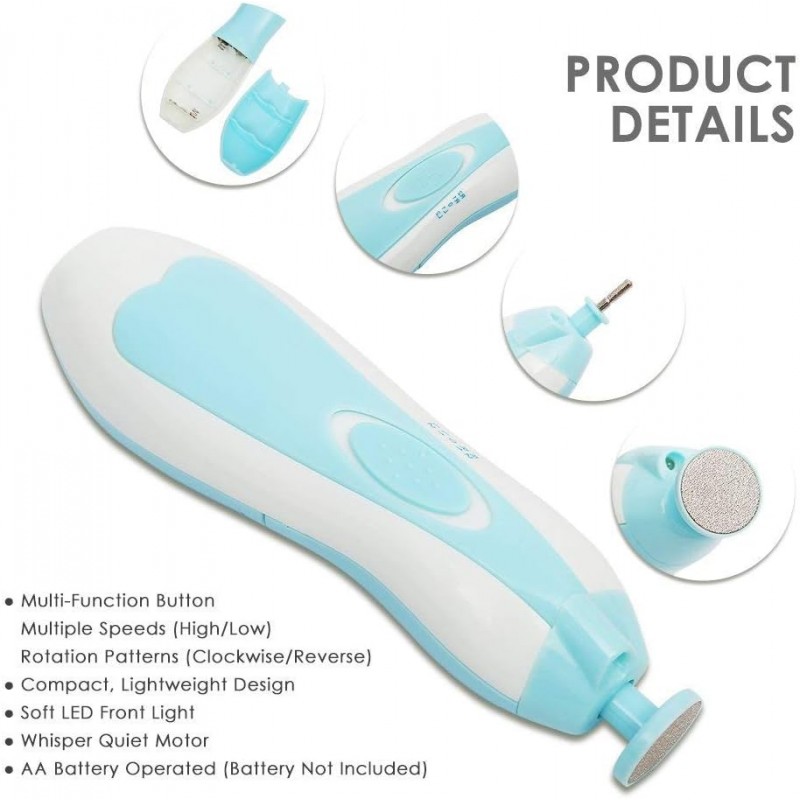Hiforage Lime à ongles électrique pour bébé avec lumière, 10 tampons de rechange et 4 modes de contrôle de vitesse pour