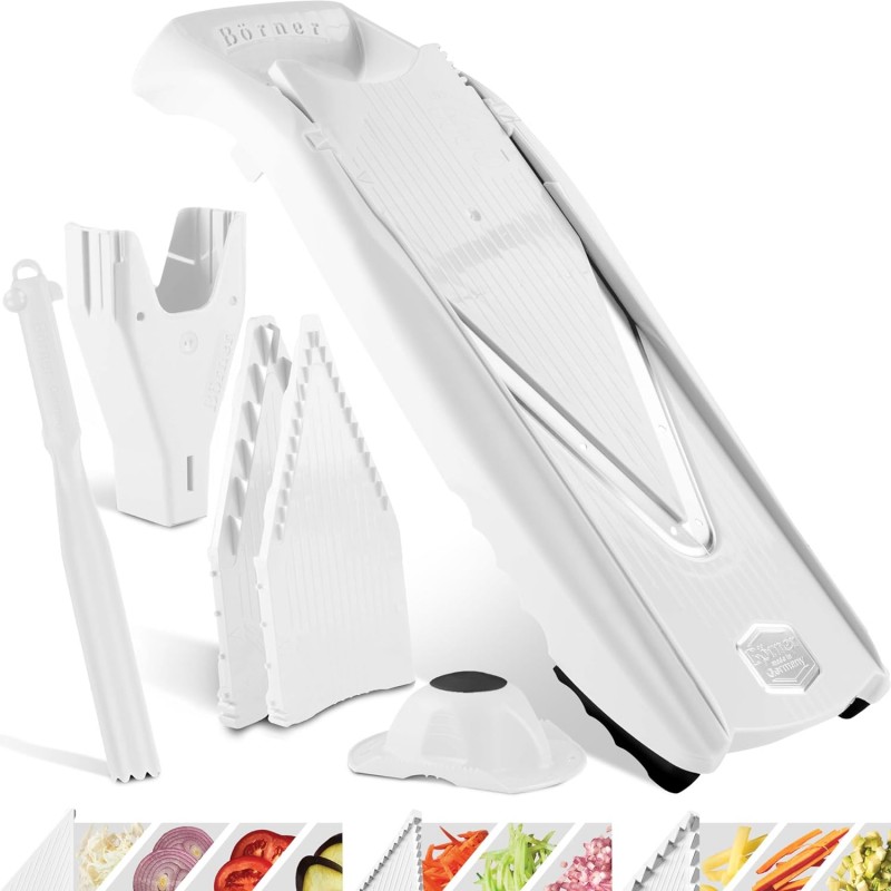 Coupe-Légumes Börner V5 (Plus Set) • Mandoline en V Réglable + Accessoires Supplémentaires + Éplucheur • Avec Lame en V en Acier