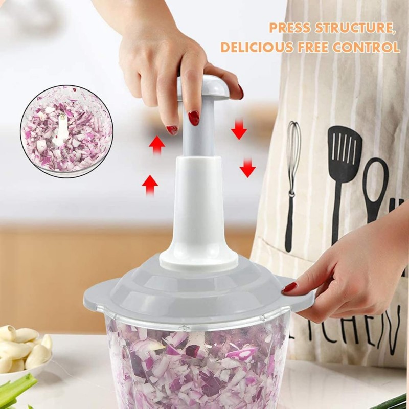Chopper Alimentaire Manuel, 1500ML Fast Chopper avec Couteaux Courbes en Acier Inoxydable, Choper Végétal De Poche/Mixer/Blender