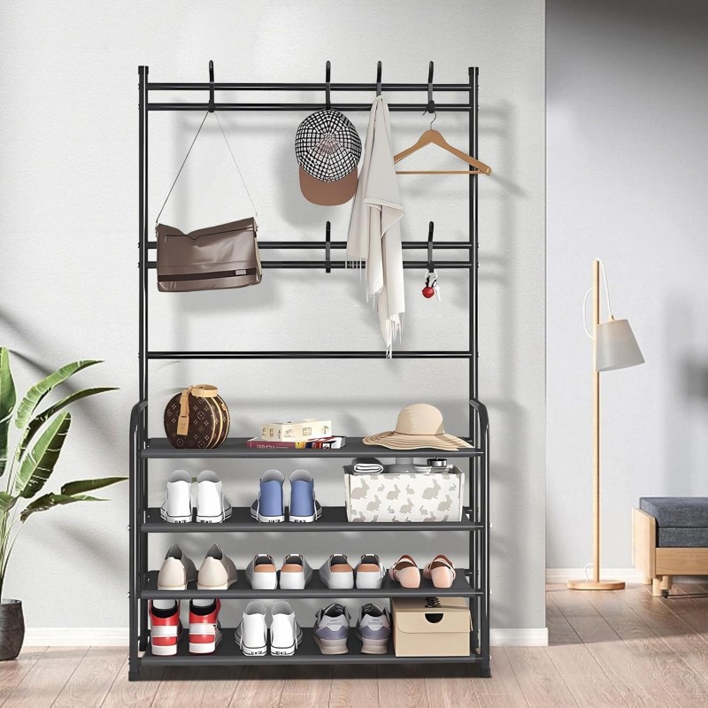 Klrbiqy 4 Tier Porte-chaussures Porte-manteau Combo, Porte-chaussures et Porte-manteau, Porte-chaussures Freestanding,