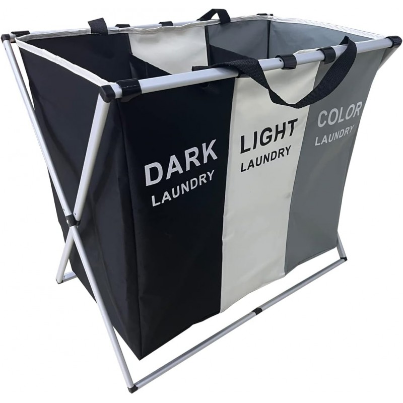 Grand panier à linge pliable, 3 sections - Panier à linge portable sale avec poignée - Paniers de rangement en tissu de grande