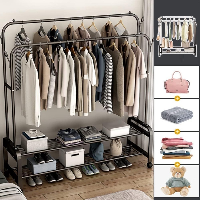 Portant à vêtements sur roulettes – Portant à vêtements portable robuste avec double rail et support de rangement à 2 couches –