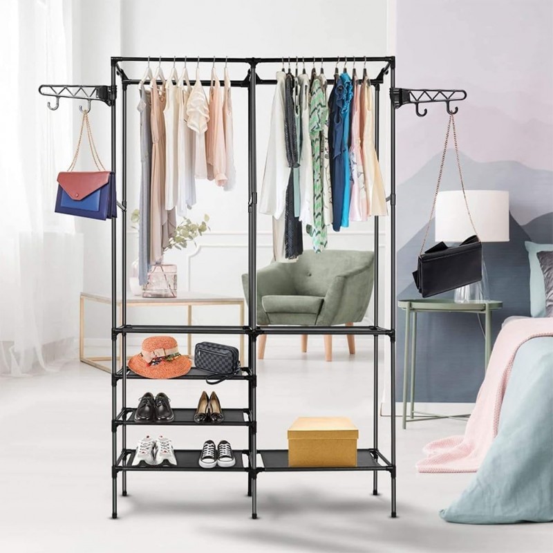 Porte-vêtements, grand porte-vêtements, étagères en métal 4 couches avec 3 barres suspendues, armoire autoportante, armoire en