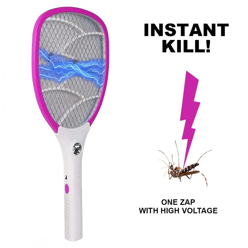 fizzytech Rechargeable Mosquito Racket bat with Bright Cob Light Extended Battery Life (Pink)