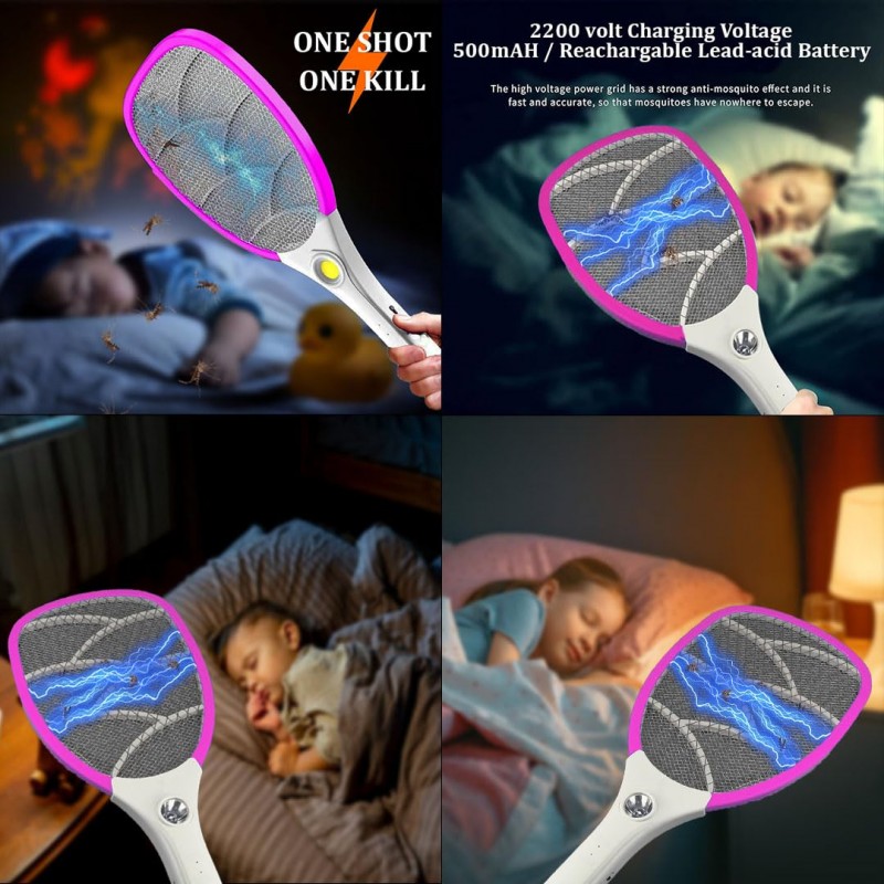 fizzytech Rechargeable Mosquito Racket bat with Bright Cob Light Extended Battery Life (Pink)